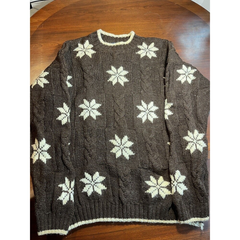 Lands End Vintage Wool Snowflake Sweater Womens S Brown Cable Knit Made 90s - Picture 2 of 8